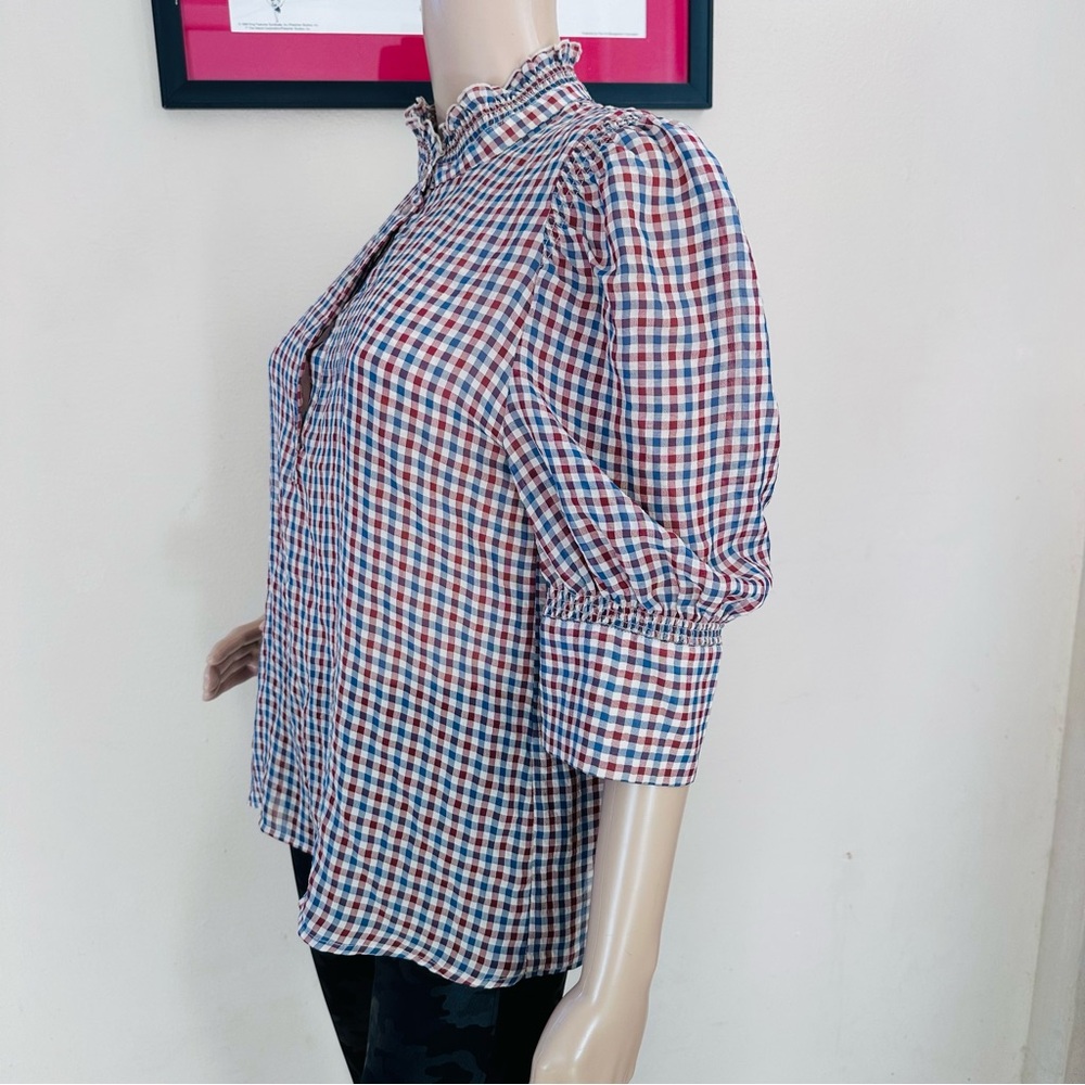 Chic Checkered Ruffle Neck Blouse - image 8